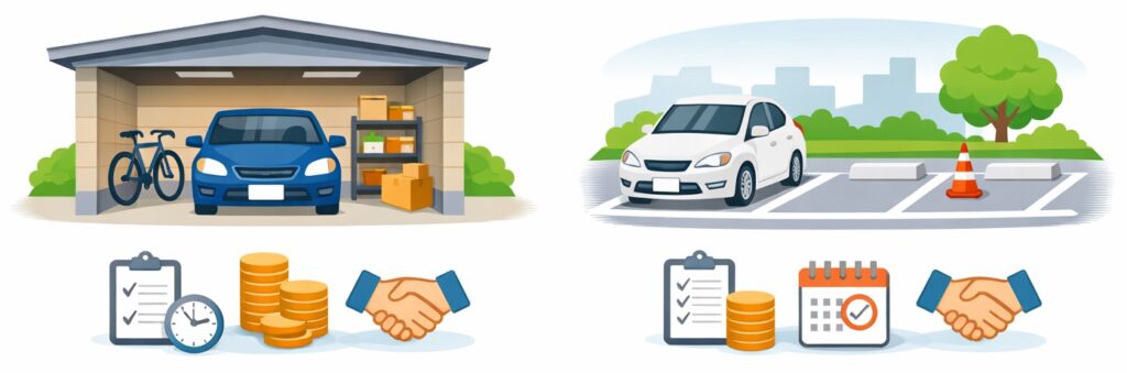 車庫を賃貸する場合:「車庫賃貸借契約書」または「駐車場賃貸借契約書」