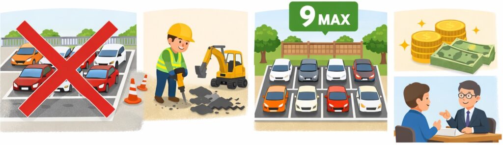 駐車場の広さや台数は小さな規模におさえる必要があります