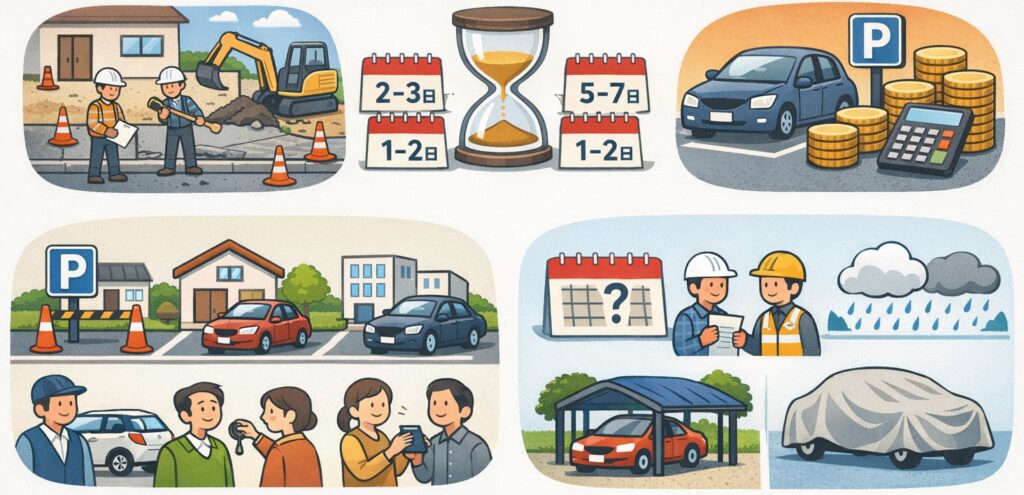 工事のあいだ、車をどこに置くか考えておく