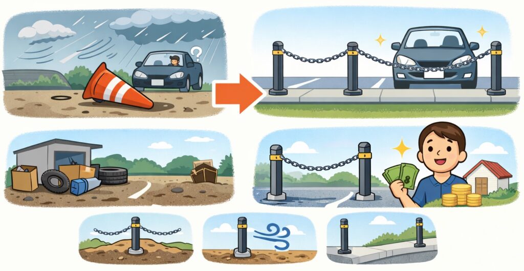 どこに置いても安定し、車の出入りをしっかり守れる