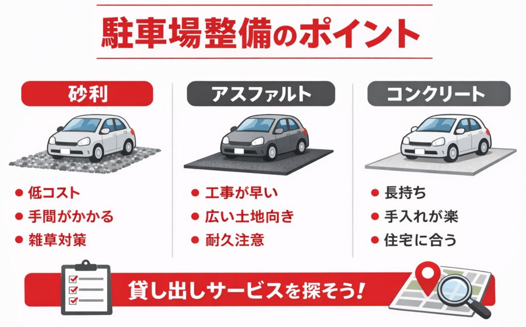 自宅駐車場をアスファルト・コンクリート・砂利敷きとの違いと費用相場を比較