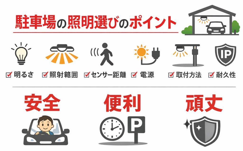 自宅駐車場の照明選びで失敗しない!防犯・明るさ・費用から最適な照明を選ぶ方法