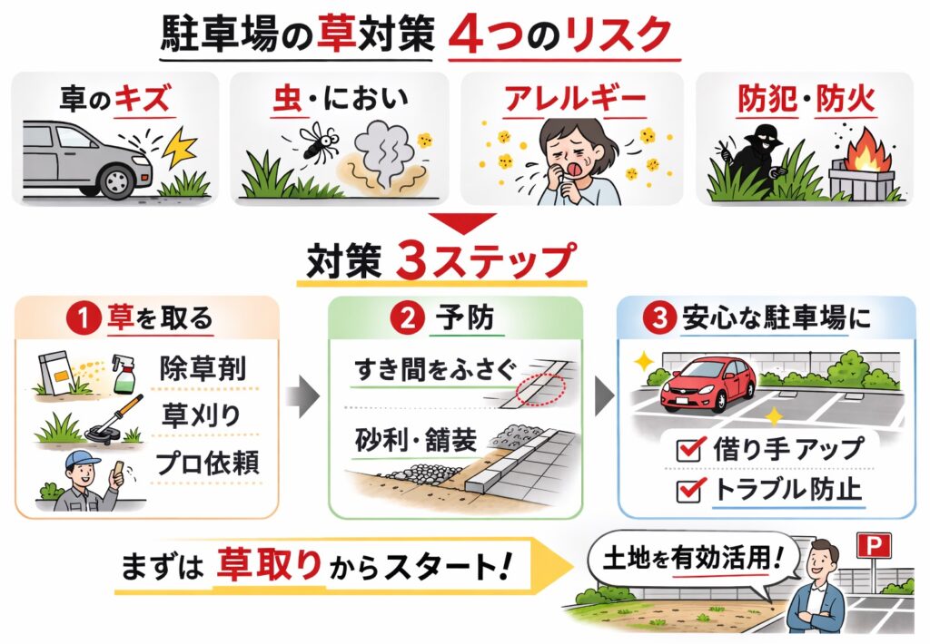 駐車場の雑草対策は何が効果的?除草から再発防止まで費用別のおすすめ方法を解説