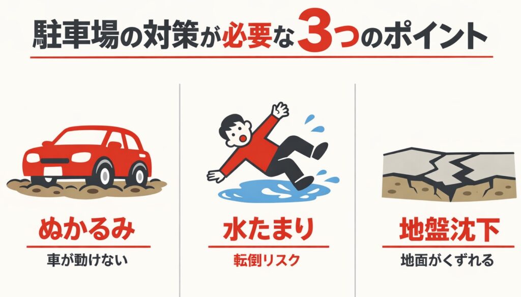 駐車場の水たまり対策で悩まない！原因別の排水・整地・舗装改善方法を徹底解説