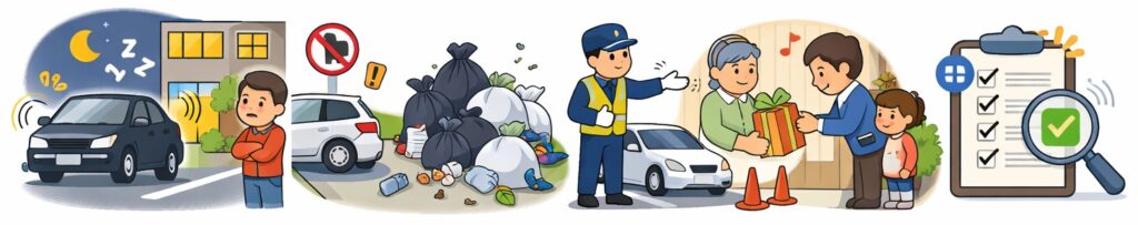 近隣への気配りが行き届いた運営かを確認する