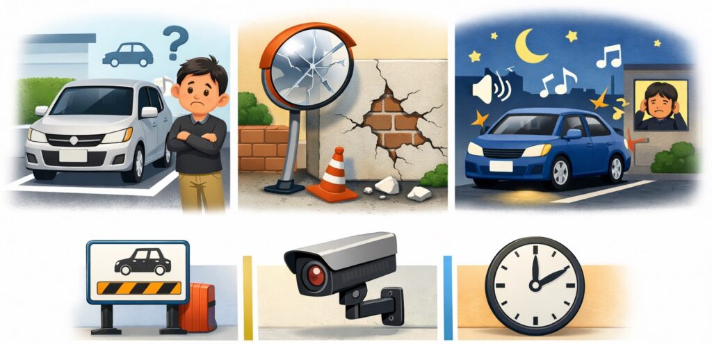 無断駐車・設備の損傷・騒音などのトラブル事例