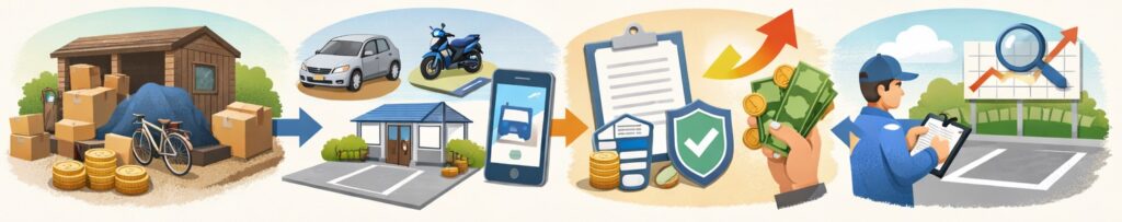 まとめ:自宅の駐車スペースを有効に使うために ここまで読んでいただいて、「自分にも動き出せそうだ」と感じてもらえていたら嬉しいです。 使っていない駐車スペースを物置にしたまま維持費を払い続けることは、本当にもったいないことです。車1台分の小さなスペースから始まり、毎月の家計にプラスが生まれた事例は数多くあります。難しい知識も大きな元手も不要で、スマホひとつで動き出せる時代になっています。 自分に合った貸し方の目安 状況 おすすめの方法 スマホが使えて手軽に始めたい 駐車場シェアサービス 毎月安定した対価を優先したい 月極駐車場 小さなスペースしかない 軒先レンタルやバイク用スペース 管理の手間を減らしたい 管理会社委託・一括借り上げ 時間に余裕があり対価を最大化したい 個人経営方式 始める前の確認リスト スペースの広さを正確に測っておく 周辺の駐車場料金相場を調べておく 貸し出しに必要な初期費用の見積もりを取る 契約内容と保険の準備をしておく 地域のルールと届け出の必要性を確認しておく 不安な点は専門家(不動産業者・税理士等)に相談しておく 長く続けるためのポイント 月に1回は駐車場の状態を確認する 毎月の対価と費用を記録しておく 周辺相場の変化に合わせて料金を見直す 取り決めは必ず書面に残す トラブル時の対応手順を事前にまとめておく 何もせず物置にしていた頃は、維持費を払い続けるだけの状態でした。しかし動き出してみると、「もっと早く始めればよかった」と感じた人が多いそうです。 駐車場を貸すためのサービスは複数あり、無料で登録できるものも多くあります。まずはどんなサービスがあるかを調べてみることが、今日できる最初の一歩です。