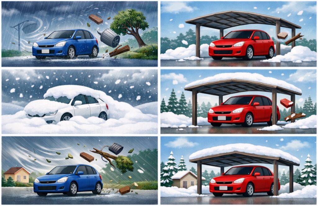 雨・雪・強風から車を守れる