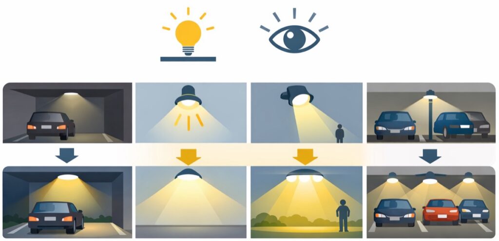 駐車スペースの広さに合った明るさと照射範囲を確認する