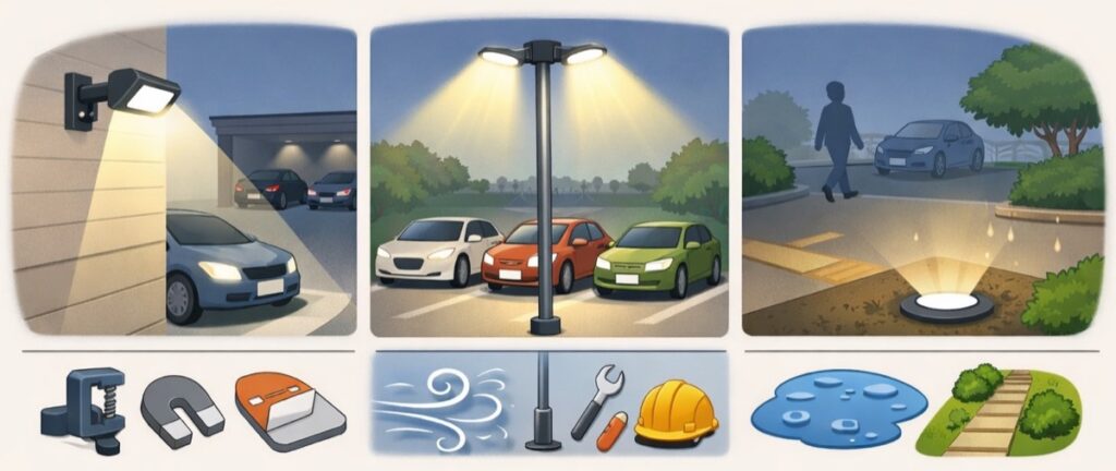 設置場所に合った取付方法を選ぶ(壁面・ポール・埋め込み)