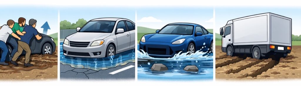 タイヤがぬかるみにはまって車が身動きできなくなるケースがある