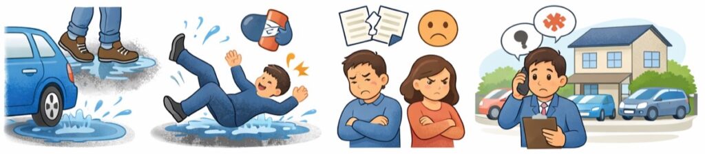 水たまりで歩行者の服やくつがぬれてしまうことがある