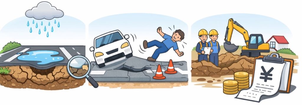 地面のしずみによって足もとが危ない状態になる場合がある