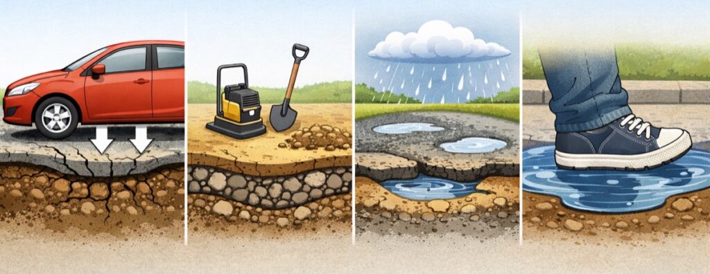 地面のでこぼこに水がたまりやすくなっている