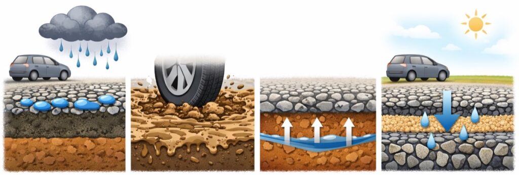 水がしみこみにくい土がぬかるみを引き起こす