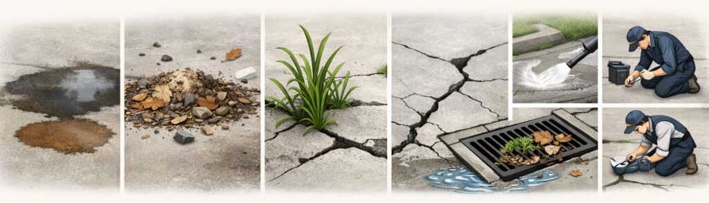 放置すると傷みが進む：雑草・水シミ・ホコリ問題