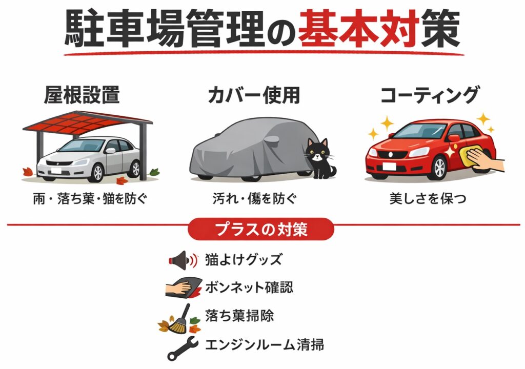 駐車場への落ち葉侵入・猫よけ対策まとめ！手間なく維持できるおすすめ方法を紹介
