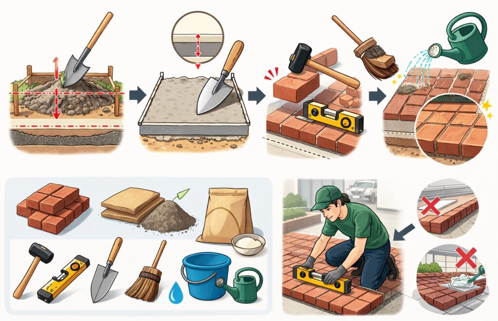 レンガを並べる方法と作業のコツ