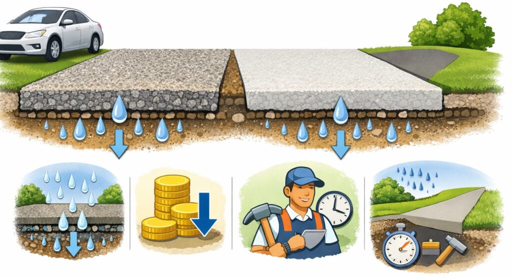 雨水が地面にしみこむ「透水性コンクリート(オワコン・オコシコン)」