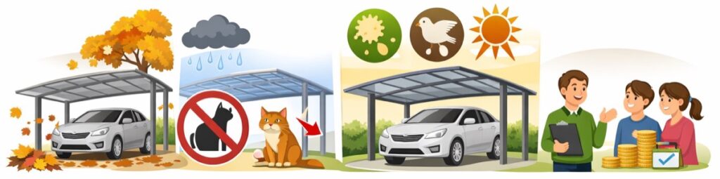 屋根付き車庫で落ち葉も猫も防ぐ