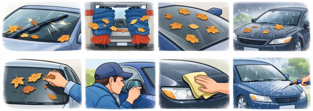 車についた落ち葉は早めに取りのぞく