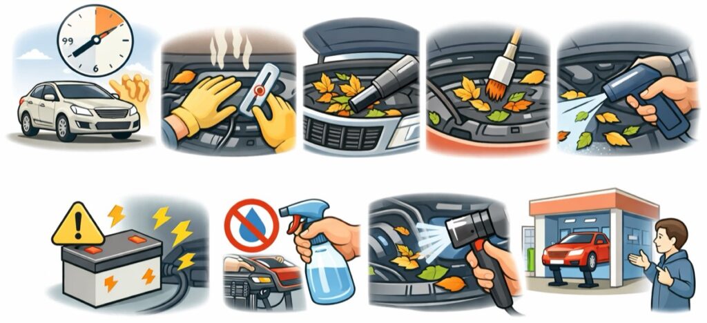 エンジンルームに入りこんだ落ち葉の取り除き方